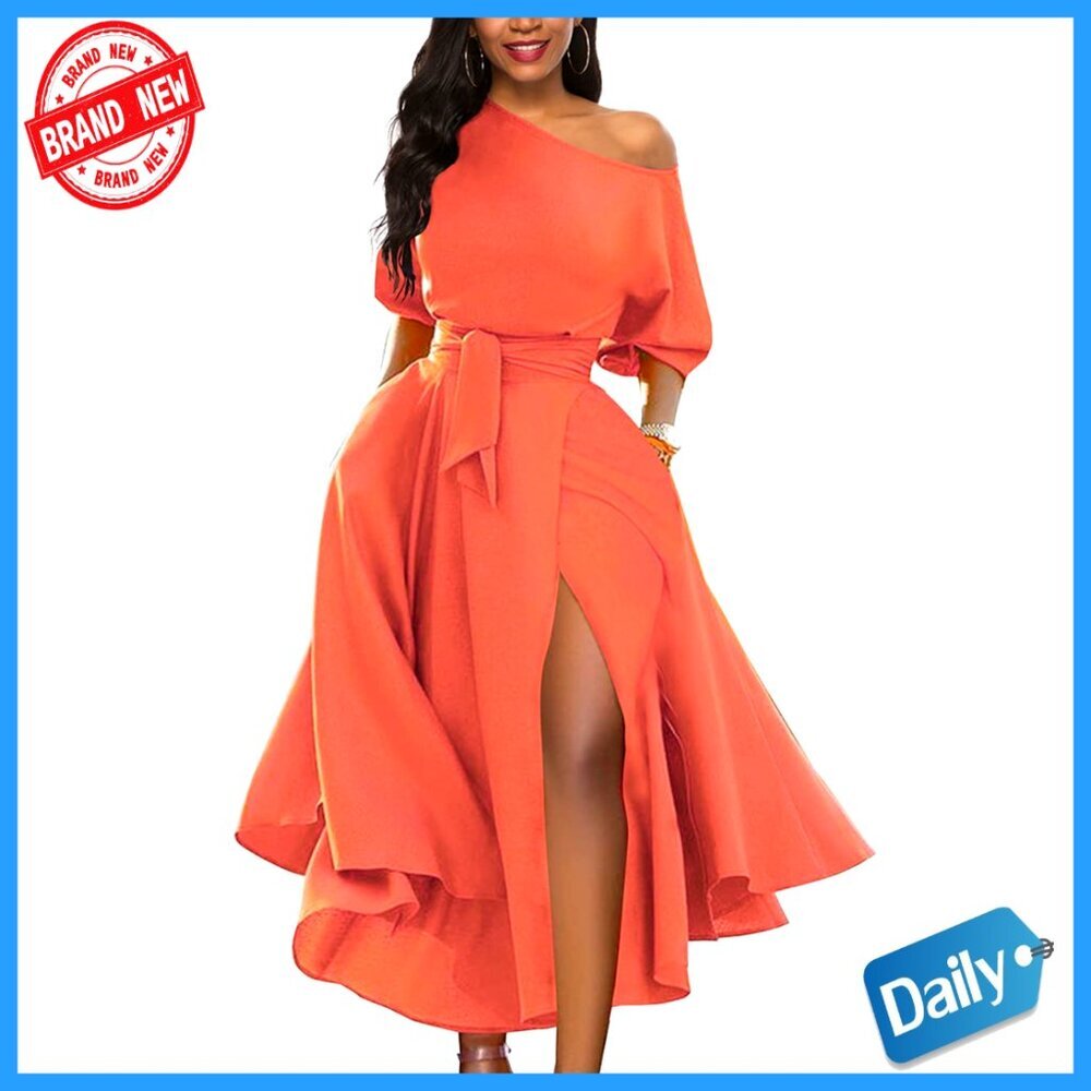 Off Shoulder Cocktail Dress Belted Side Slit Elegant Swing Party Wear